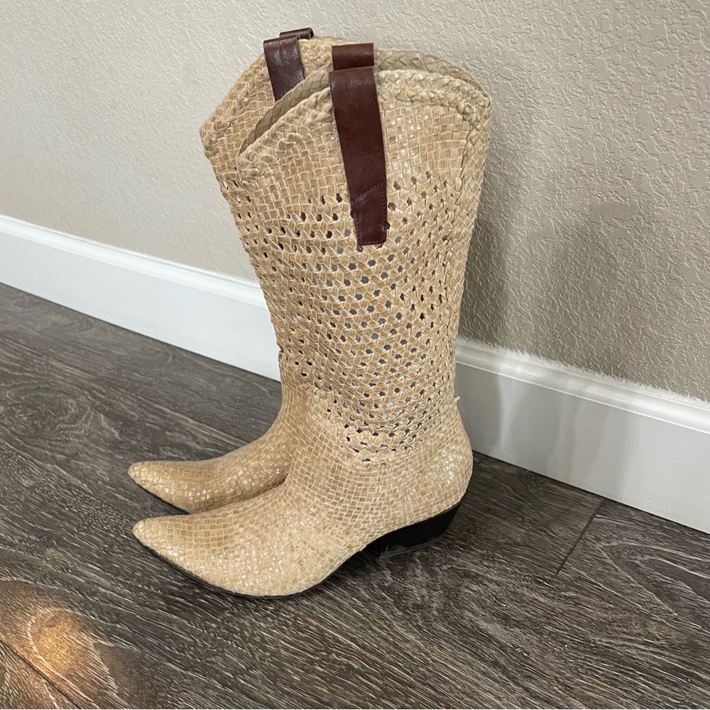 Gianni Barbato Beige Leather Braided Western Boots - Picture 2 of 12